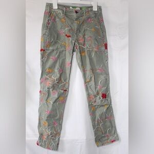 Anthropologie Sage Green Embroidered Floral Cargo style Pants whimsical fairy